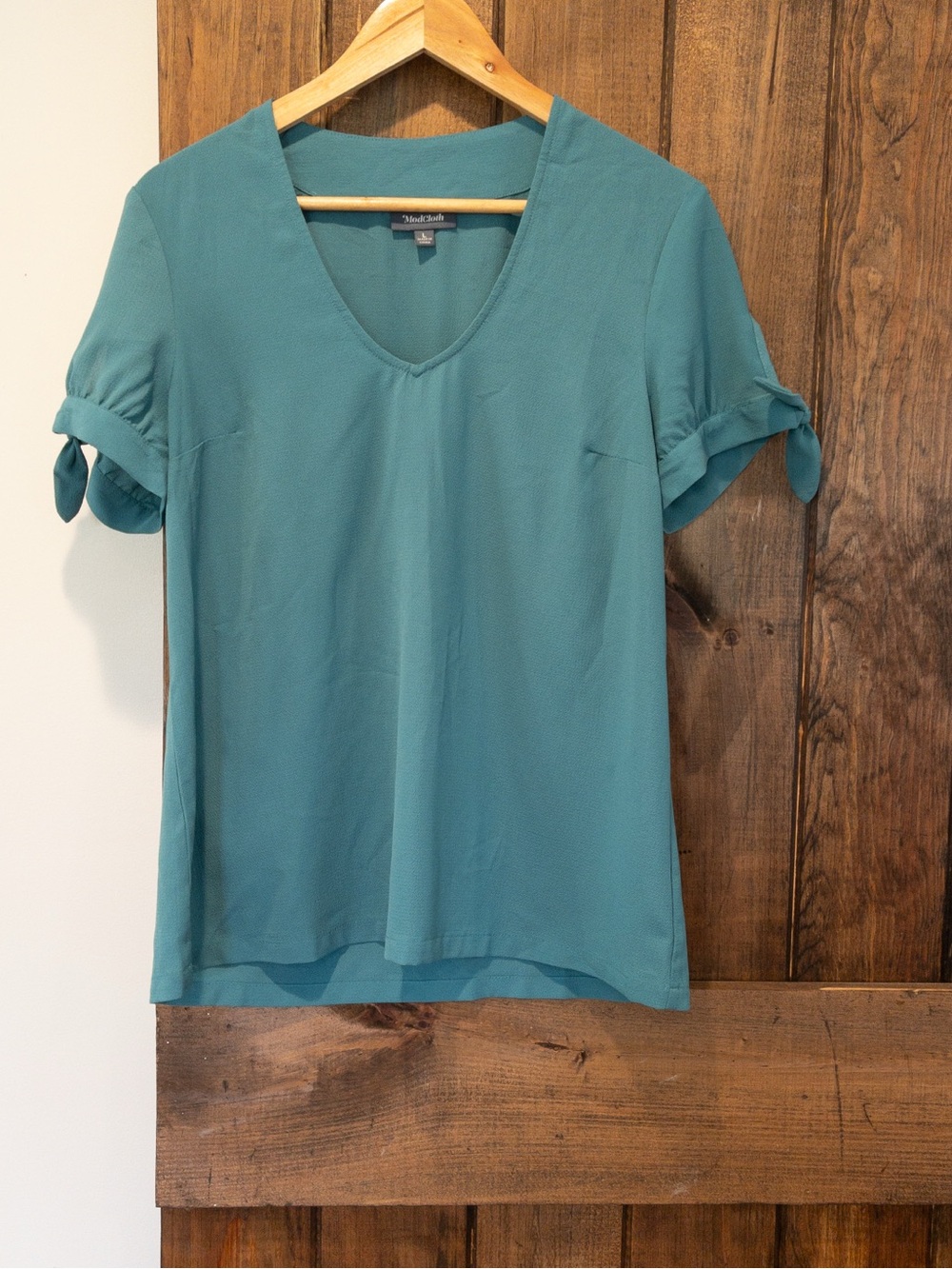 ModCloth Mod Cloth Blue Green V Neck Bow Tie Sleeve Blouse Large